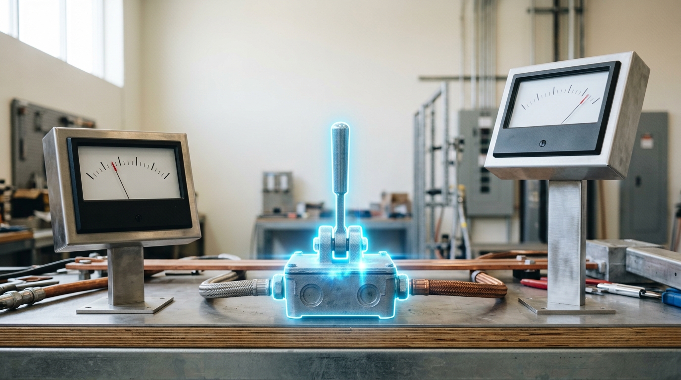 A capacity-planning bench with two matte screens standing as physical objects, a selector lever between two conduits caught mid-throw between them