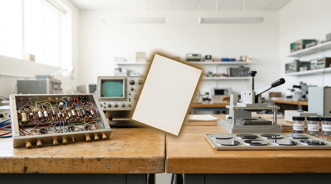 Two period workbenches side by side in bright daylight, one holding a hand-wired prototype circuit and the other a batch of silicon wafers under a simple mask, a plain card between them caught being set down
