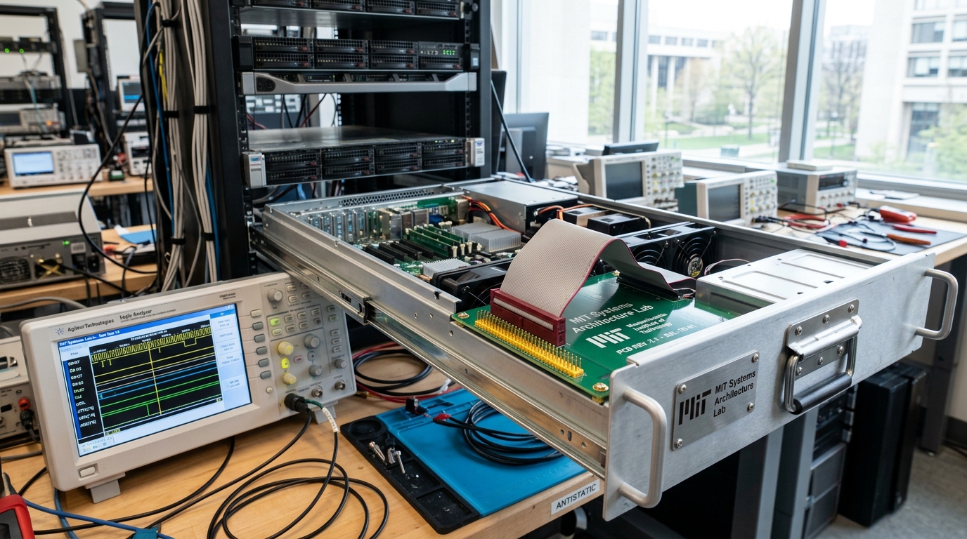 A systems engineering workstation featuring a compact test server chassis on slide rails, a multi-channel logic analyzer with connected ribbon leads, and one connector caught halfway into its test header.