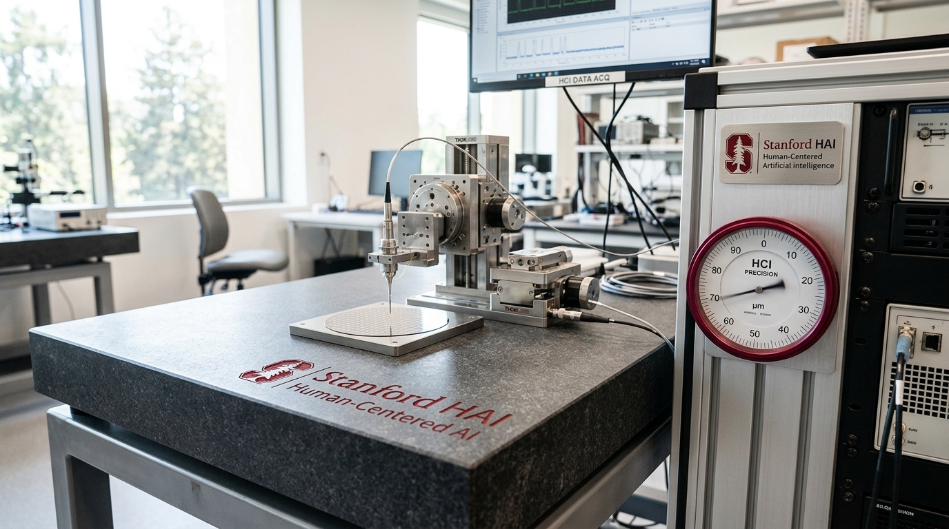 A precision measurement bench in an HCI testing suite featuring calibrated analog indicator dials, a machined aluminum control panel, and a test harness probe hovering above a gold contact pad.