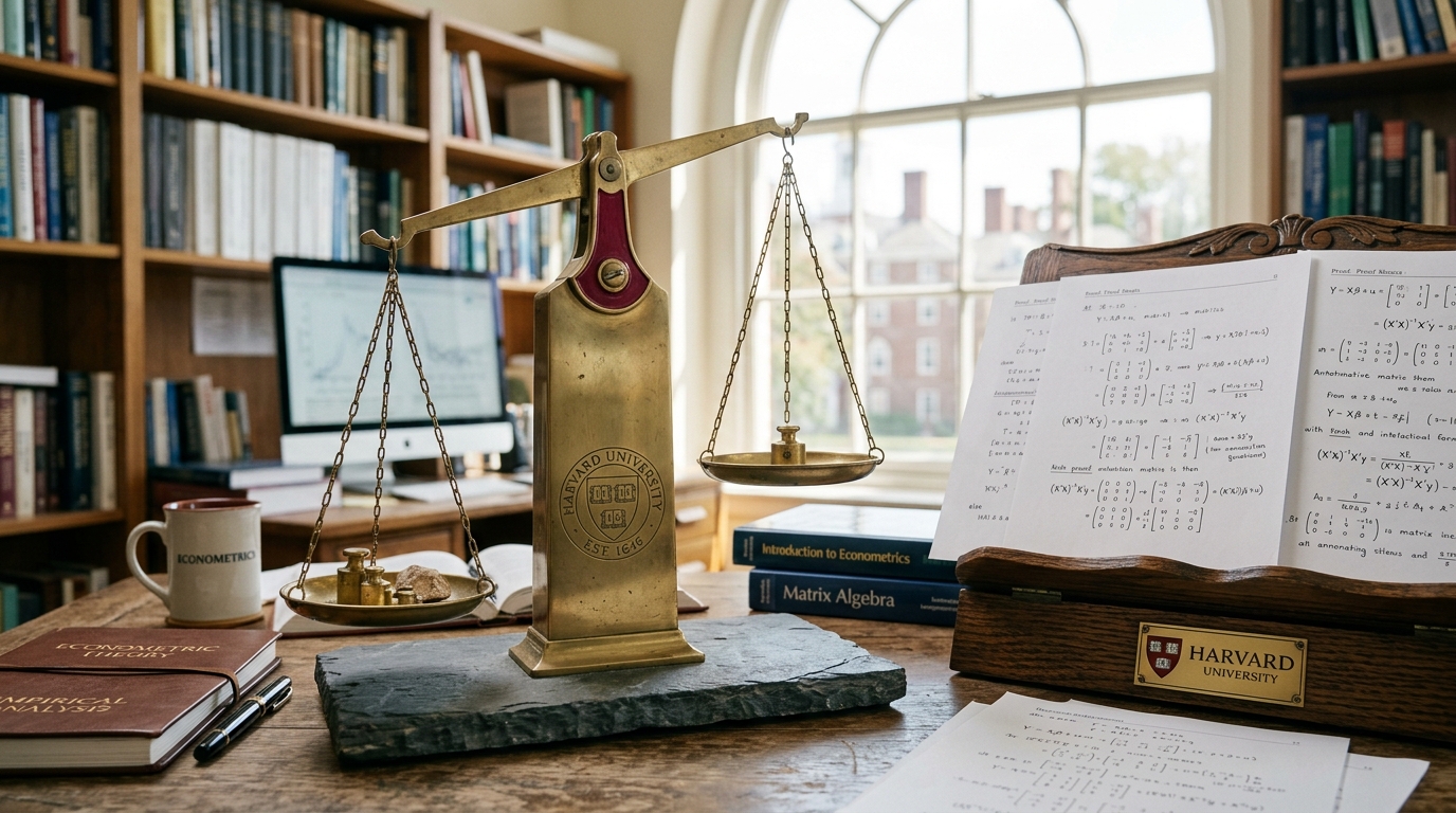 An econometric research workstation with stacked statistical printouts, an open regression ledger on an angled oak stand, and a brass balance scale beam part-tilted.