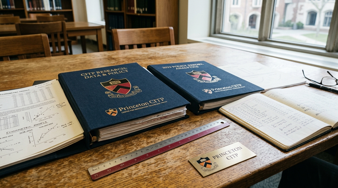 A long oak reference library table with several open archival research binders, a steel rule laid across tabular columns, and one highlighted data sheet caught lifting in the breeze.