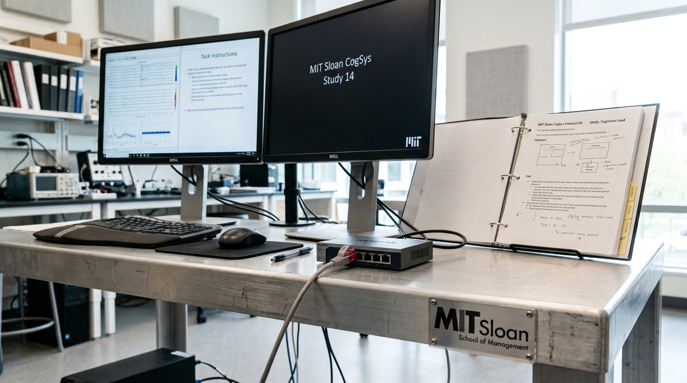 An experimental research carrel in an aluminum-partitioned laboratory holding two displays, an open task ledger with highlighted lines, and a patch lead caught part-way into its desktop switch port.
