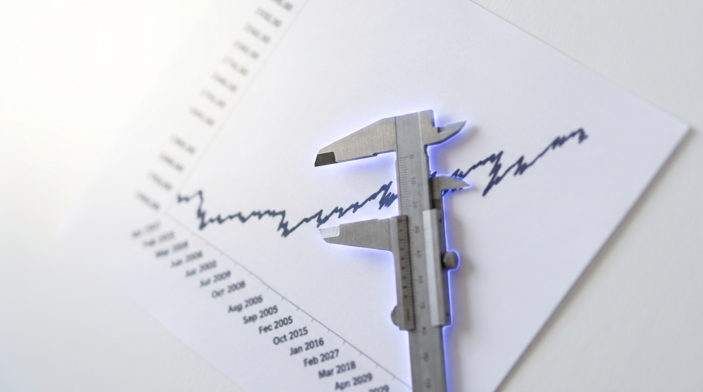 A long index chart on a bright wall showing a steep climb followed by a sharp drop, several news-clipping printouts pinned near the drop point, one more caught being pinned up