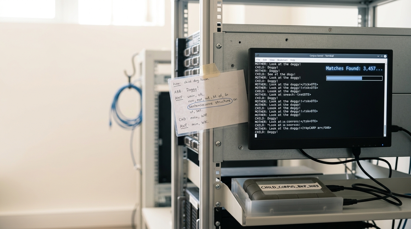 A rack-mounted corpus server with a small monitor showing a query still running against a transcribed child-speech corpus, a candidate sentence type circled on a note taped beside the screen