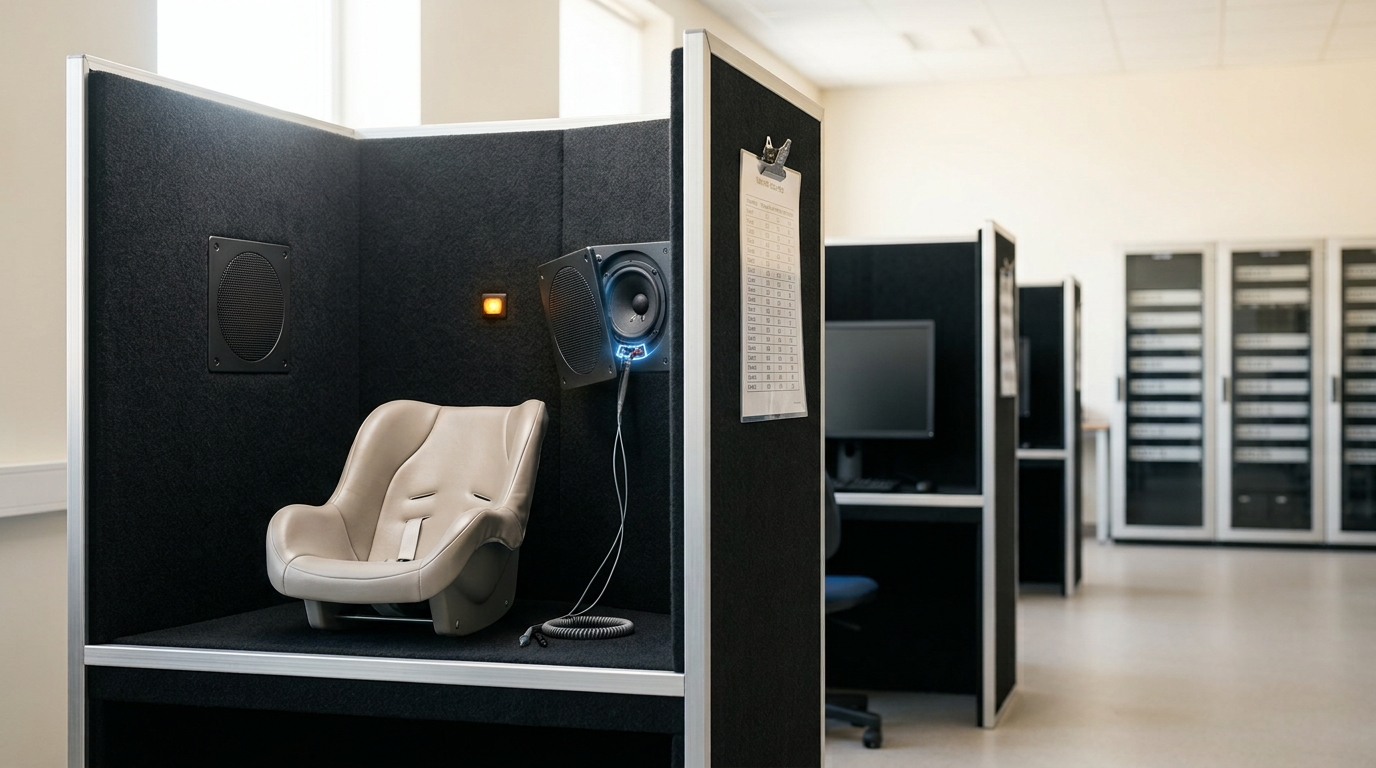 A padded head-turn-preference testing booth in a language-acquisition lab, one loudspeaker grille unscrewed and swung open with a multimeter lead still clipped inside, a laminated trial-order sheet clipped to the booth's outer wall