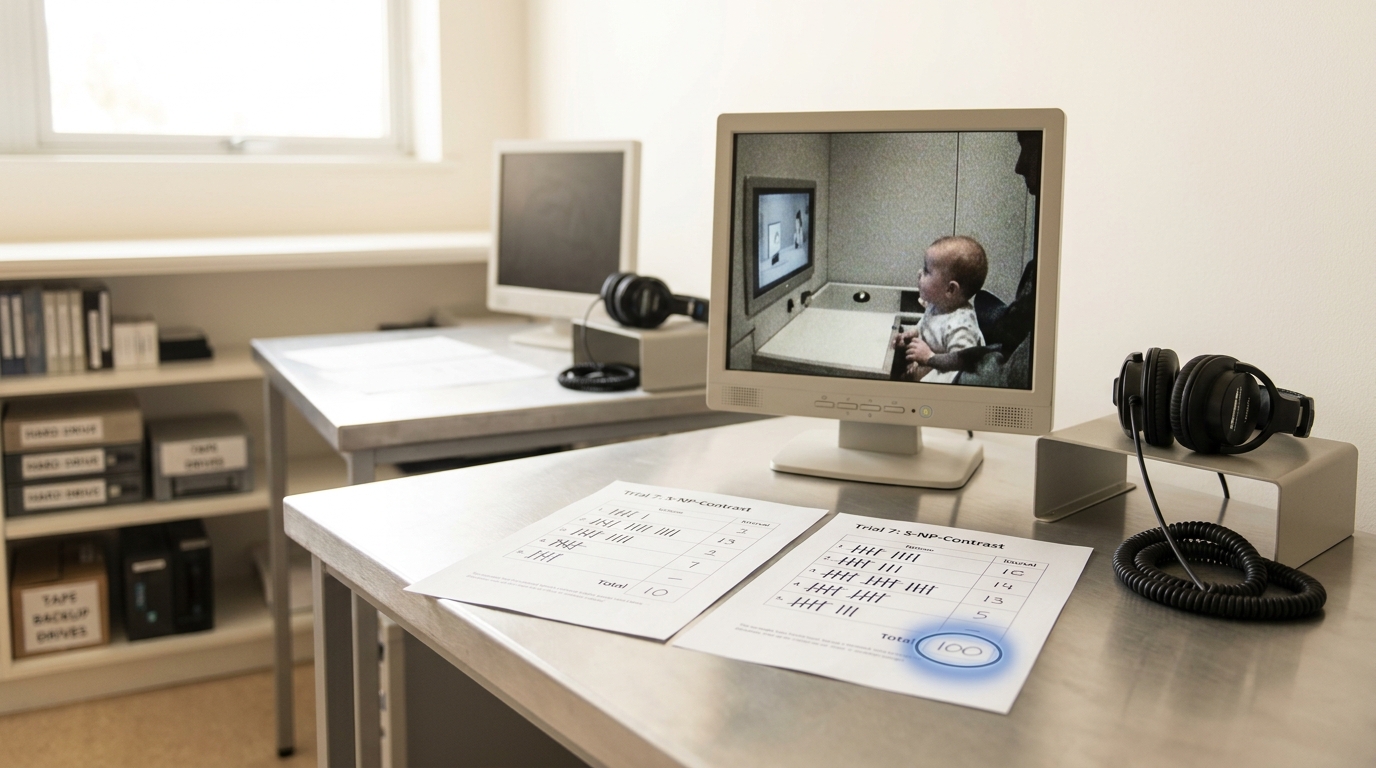 A looking-time coding station with two printed scoring sheets showing different tallies for the same trial, a video frame paused on a small monitor at the contested moment, headphones resting on a stand beside it