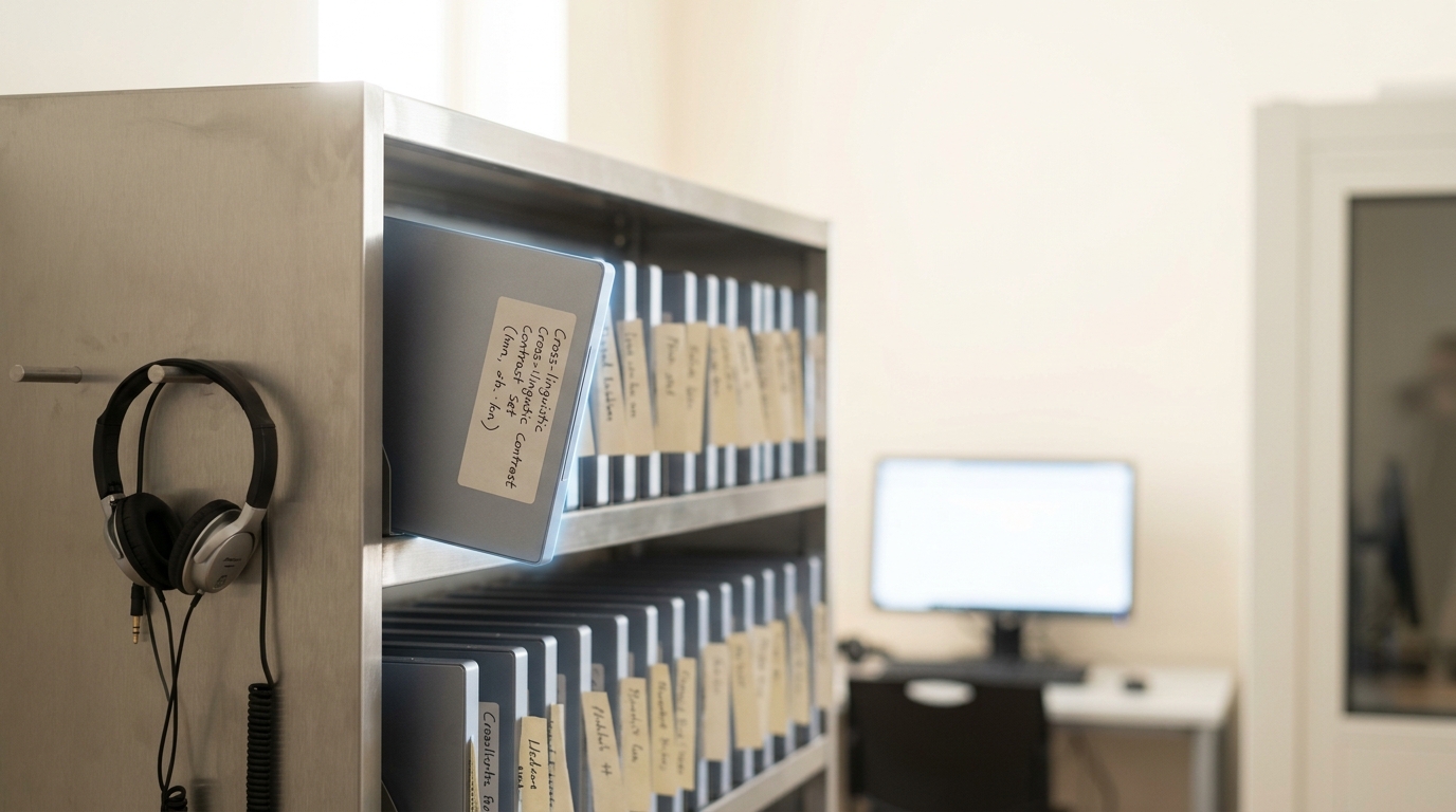 A hand-labelled drive drawn halfway from a shelving unit of phoneme-stimulus libraries, its handwritten label naming a cross-linguistic consonant contrast set, other drives receding along the shelf