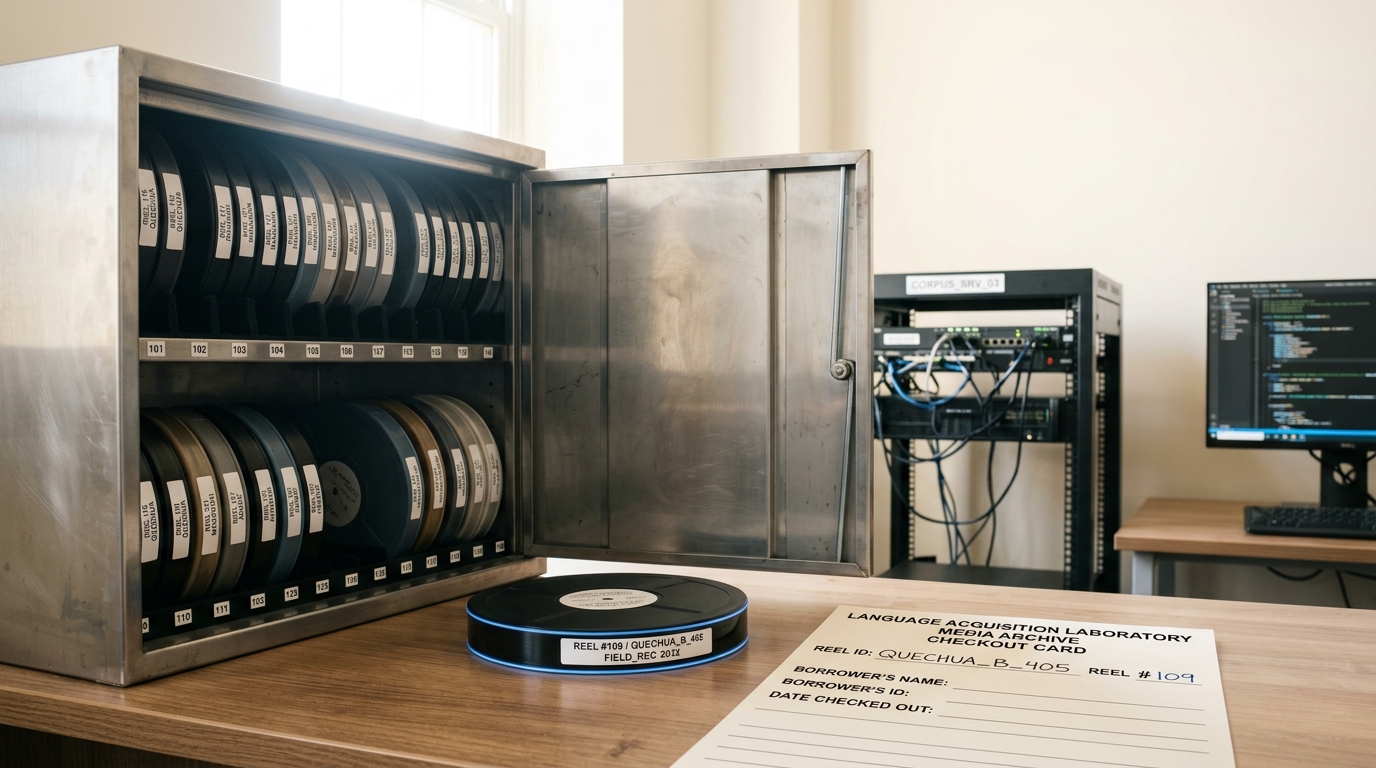 An open archive cabinet of labelled field-recording reels, one reel drawn out onto the counter with a paper checkout card only half filled in beside it, the rest of the shelf's reels undisturbed