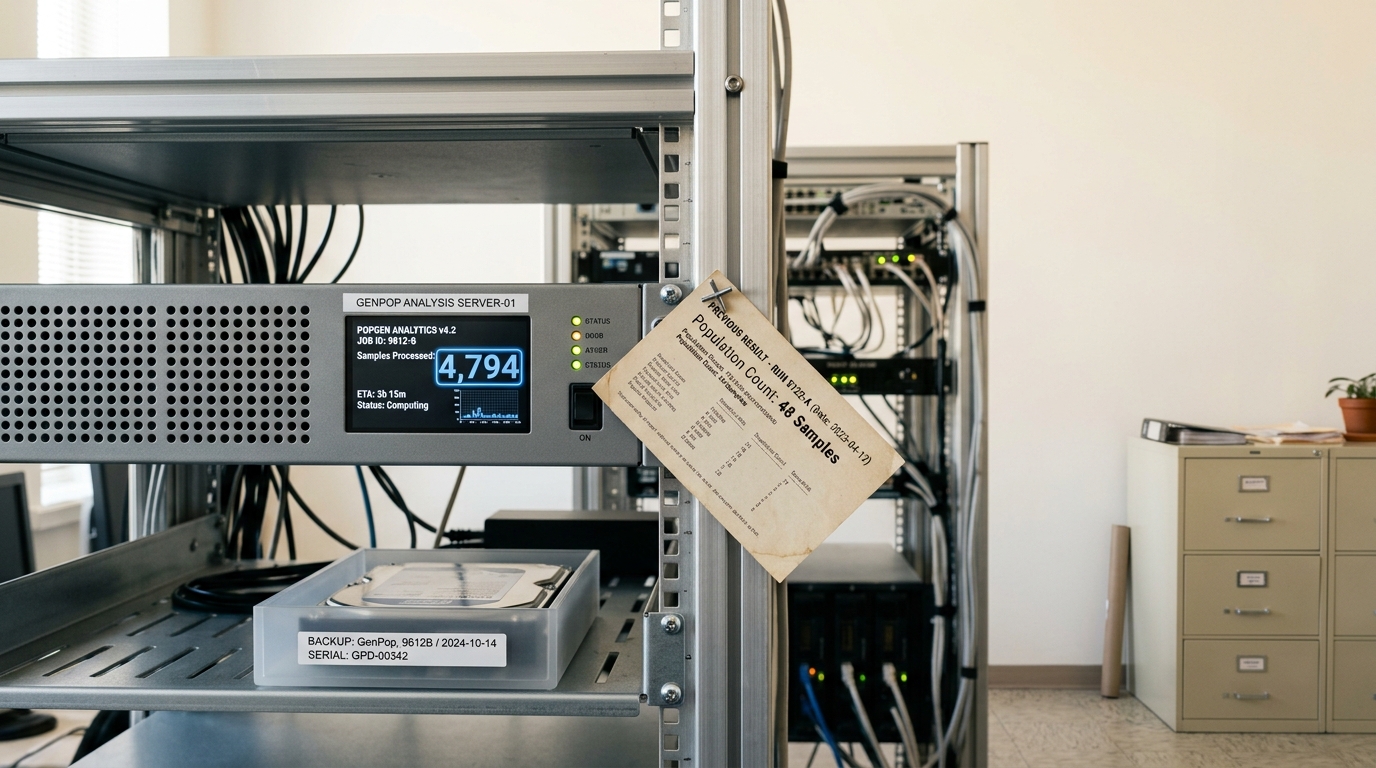 A population-data server rack re-running an analysis on a rebalanced set of population panels, an older printed result sheet from an earlier, smaller sample still pinned to the rack beside the new run