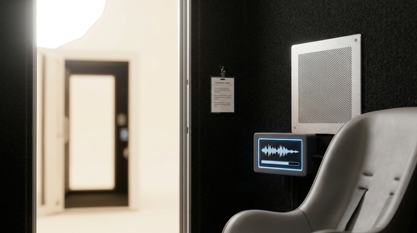 A head-turn-preference booth's loudspeaker grille close in frame, a small playback unit beside the seat showing a queued audio file of a synthetic nonsense-syllable stream, the load indicator not yet full