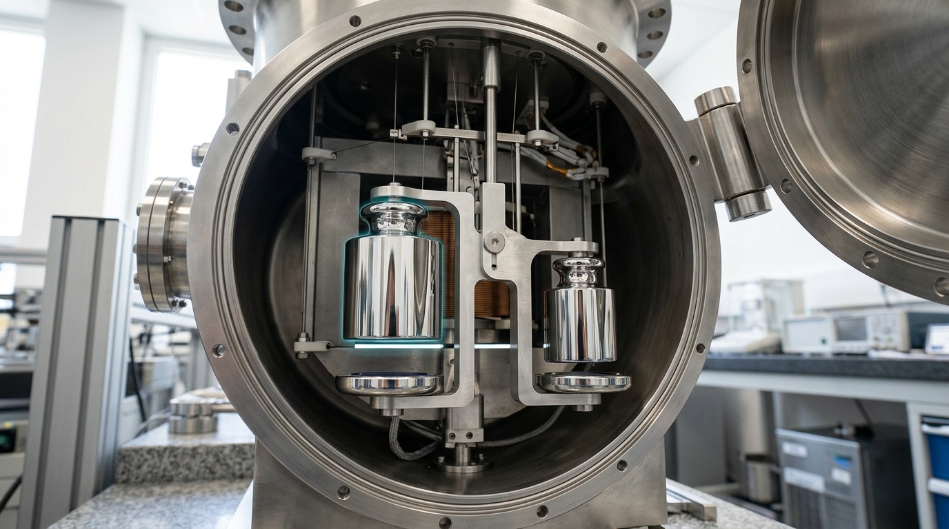A mass exchanger inside a Kibble balance's open vacuum vessel caught mid-swap, one one-kilogram standard just lifted clear of the weighing pan on its fork while the second is still descending toward it