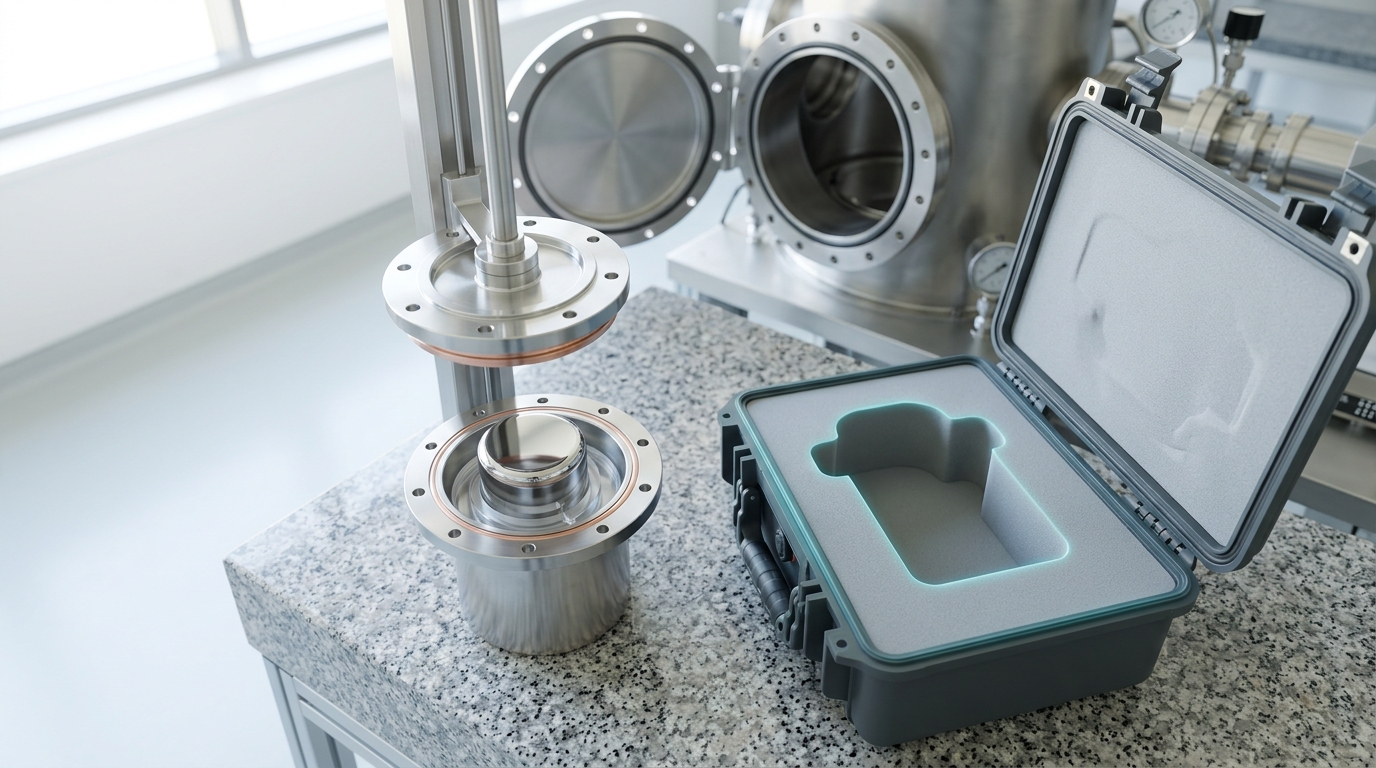 A travelling one-kilogram standard part-way into a small vacuum transport container beside an open foam-lined shipping case whose shaped recess is still empty, seen from above on a granite bench
