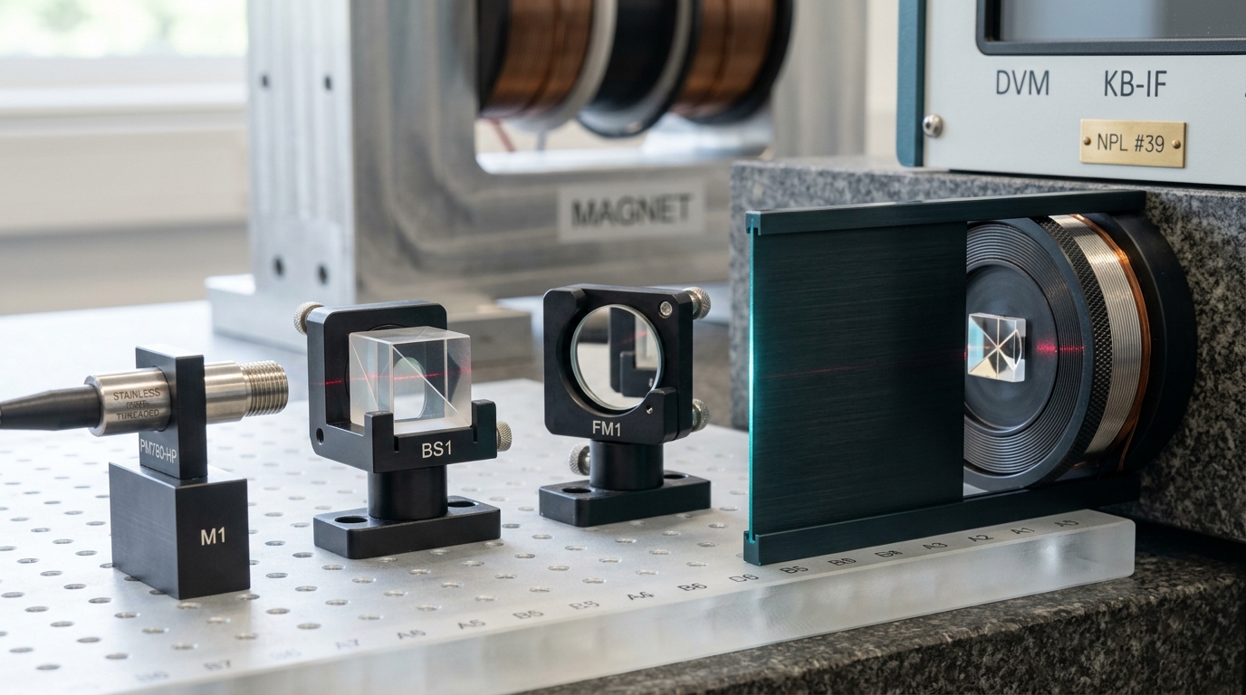 An interferometer arm on a fused-silica breadboard with its beam shutter caught part-way open, the corner-cube retroreflector on a Kibble balance coil's rim only half inside the opened path