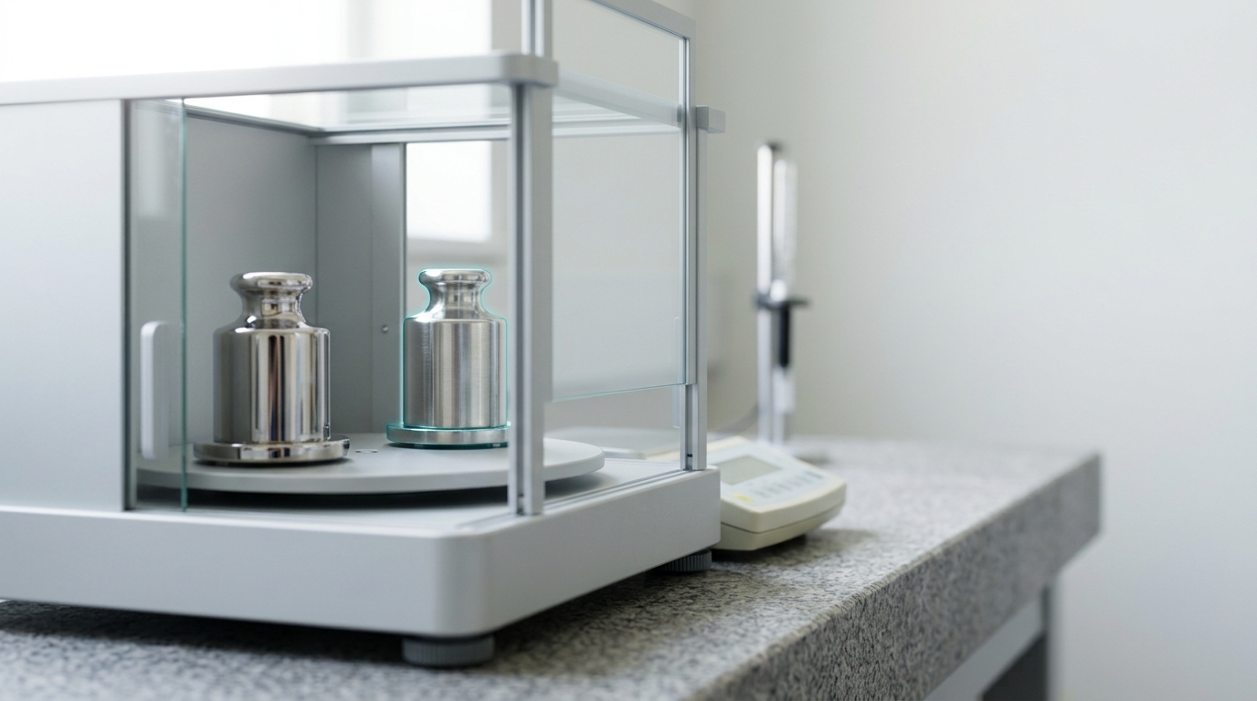 Two nominally identical one-kilogram standards on a mass comparator's carousel behind a draught shield panel caught part-way down, the balance just released and the reading not yet settled