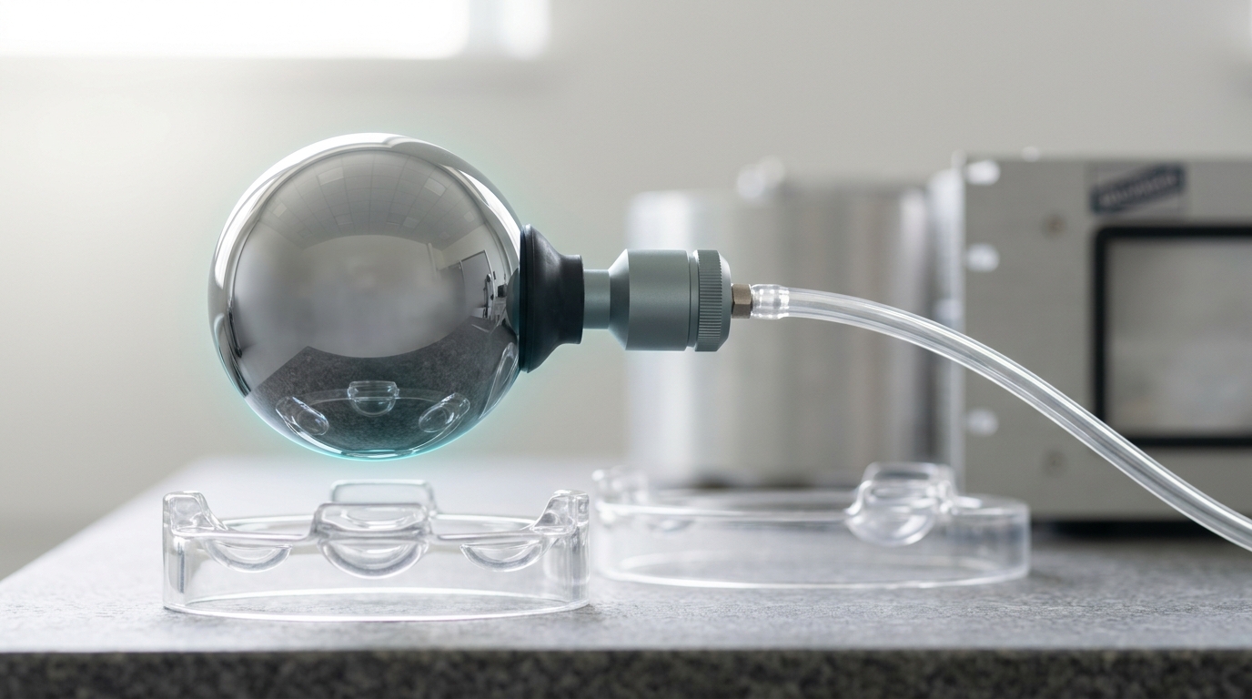 A polished silicon sphere held in a vacuum-cup lifter a few millimetres above its fused-silica cradle on a granite bench, the shaped seat beneath it still empty