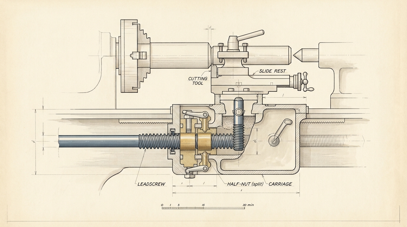 An ink cutaway section through the slide rest and carriage of the lathe, showing the leadscrew engaged in its half-nut mid-rotation, the tool biting into the workpiece with one thread groove already cut and the next forming, with the leadscrew-to-half-nut engagement picked out in blue-grey.