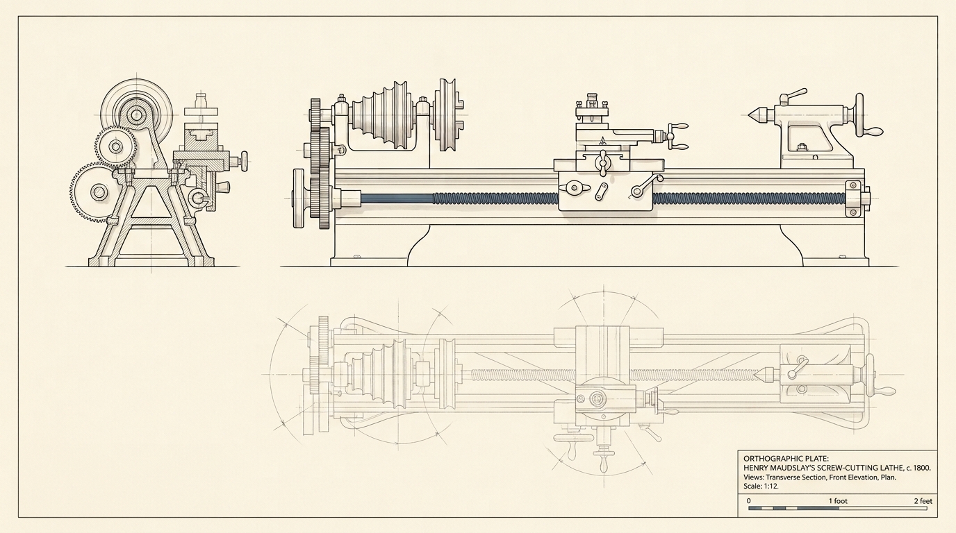An ink orthographic drawing on cream vellum of Henry Maudslay's screw-cutting lathe shown in plan, front elevation and transverse section at one scale, with the leadscrew running the length of the bed picked out in a single blue-grey accent line and the change-gear train shown stacked at the headstock.