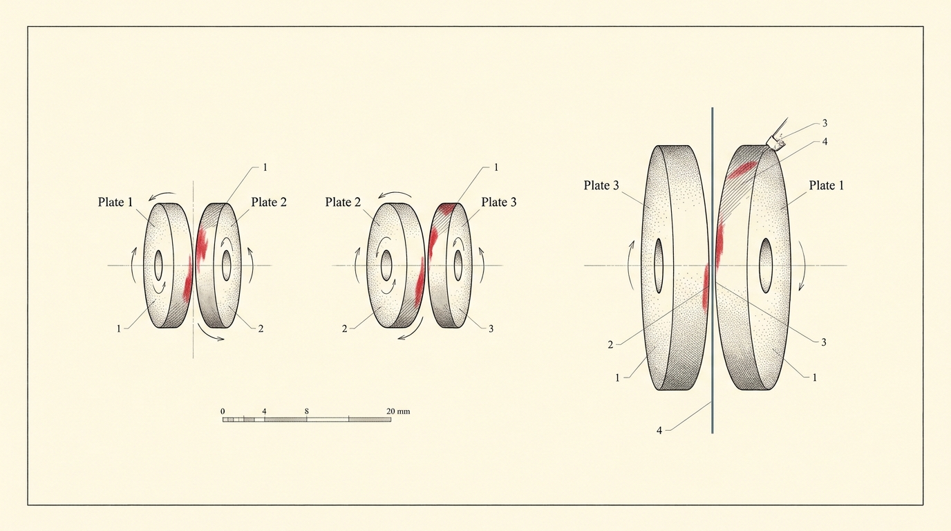 An ink sequence drawing of three cast-iron surface plates shown at three successive lapping stages, marking-compound high spots shrinking stage by stage until the final plate is picked out in a single blue-grey accent line as the true plane none of the three plates began with.