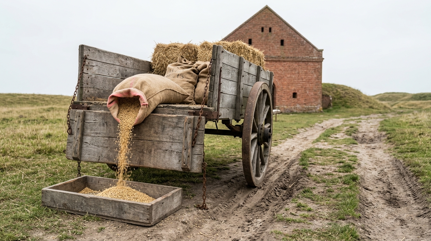 A two-wheeled forage cart standing on a worn track outside a powder magazine, its bed part-loaded with jute barley sacks and trussed hay, one sack propped open on the lowered tailboard with grain still running into a feed bin below