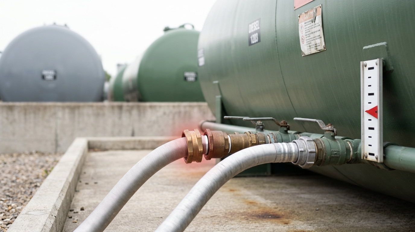 A bulk fuel installation manifold with a delivery hose coupling started but not yet seated on one outlet, a second hose already made up and taut on the next, and the bunded tank behind carrying a float level gauge standing motionless on its board