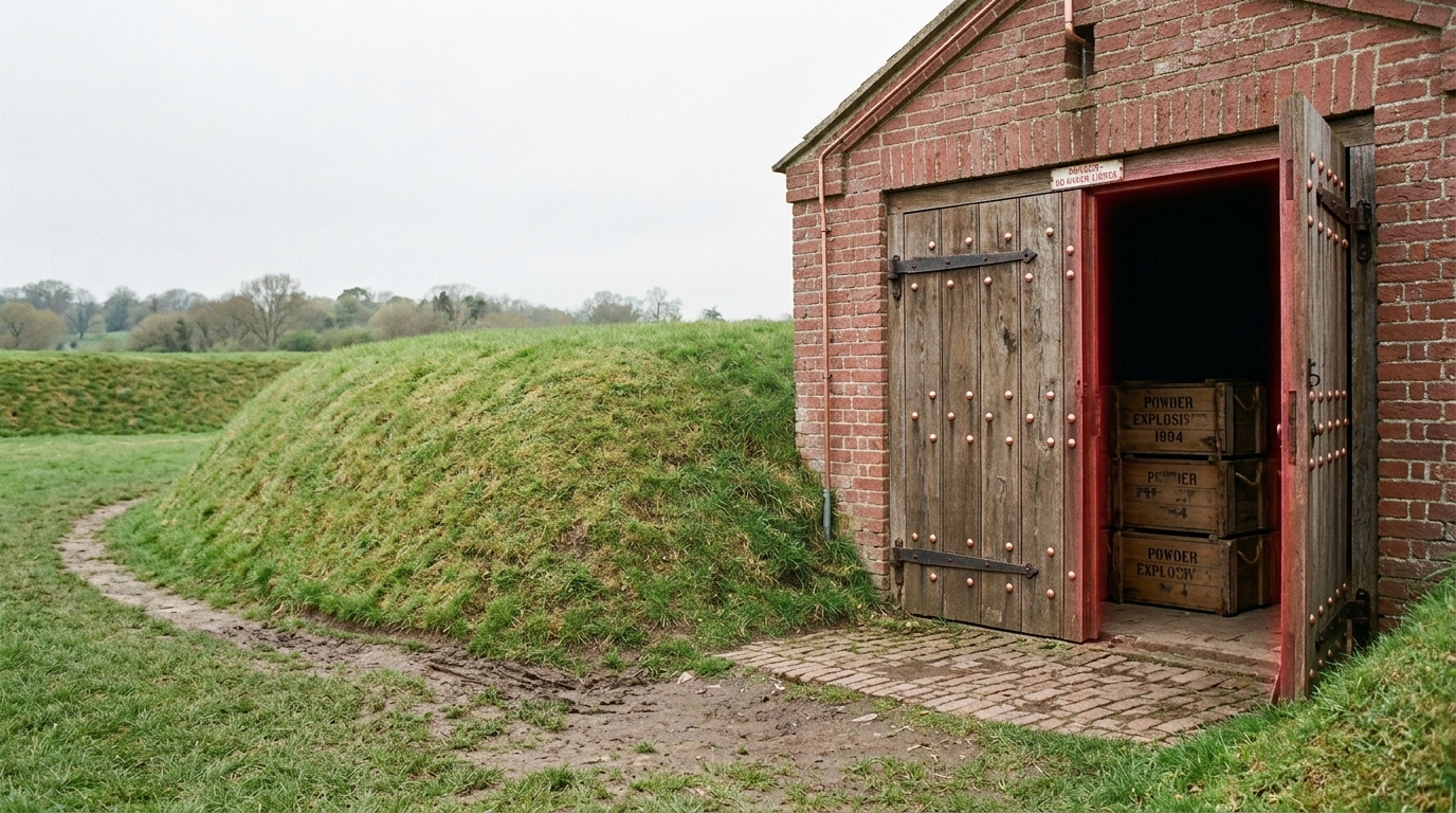 A low red-brick powder magazine with a copper-nailed oak door caught partway open behind a massive turfed earth blast traverse, the shaded interior only just widening onto the stencilled ends of stacked timber crates