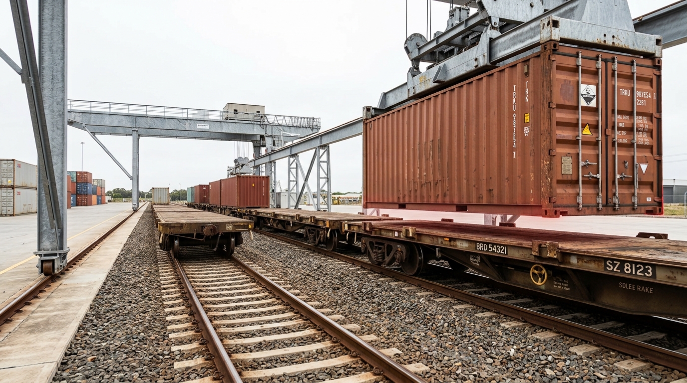 A steel shipping container hanging a hand's breadth above the deck of a standard-gauge flat wagon at a break-of-gauge transfer siding, the broad-gauge wagon it came off standing alongside, the twist-locks not yet turned