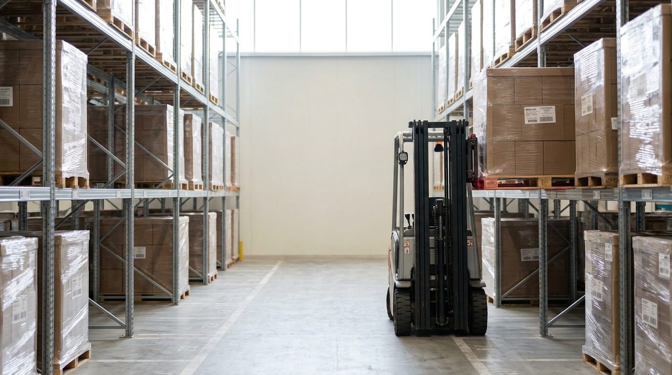 A small counterbalance forklift with its tines entered part way under a shrink-wrapped pallet on a rack beam in a bright depot aisle, the pallet not yet lifted and a gap standing open two bays along where stock has already been drawn out