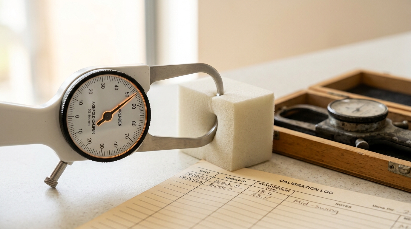 A set of skinfold calipers with their jaws closing on a foam calibration block, the gauge needle mid-swing and not yet settled on a reading, a second caliper and a logbook resting nearby