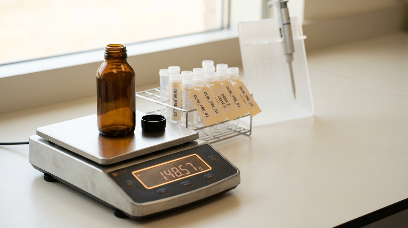 A doubly-labelled-water dose bottle caught mid-uncap on a laboratory scale, its cap resting to one side and the scale's digital reading still climbing, a rack of empty pre-labelled sample tubes standing beside it