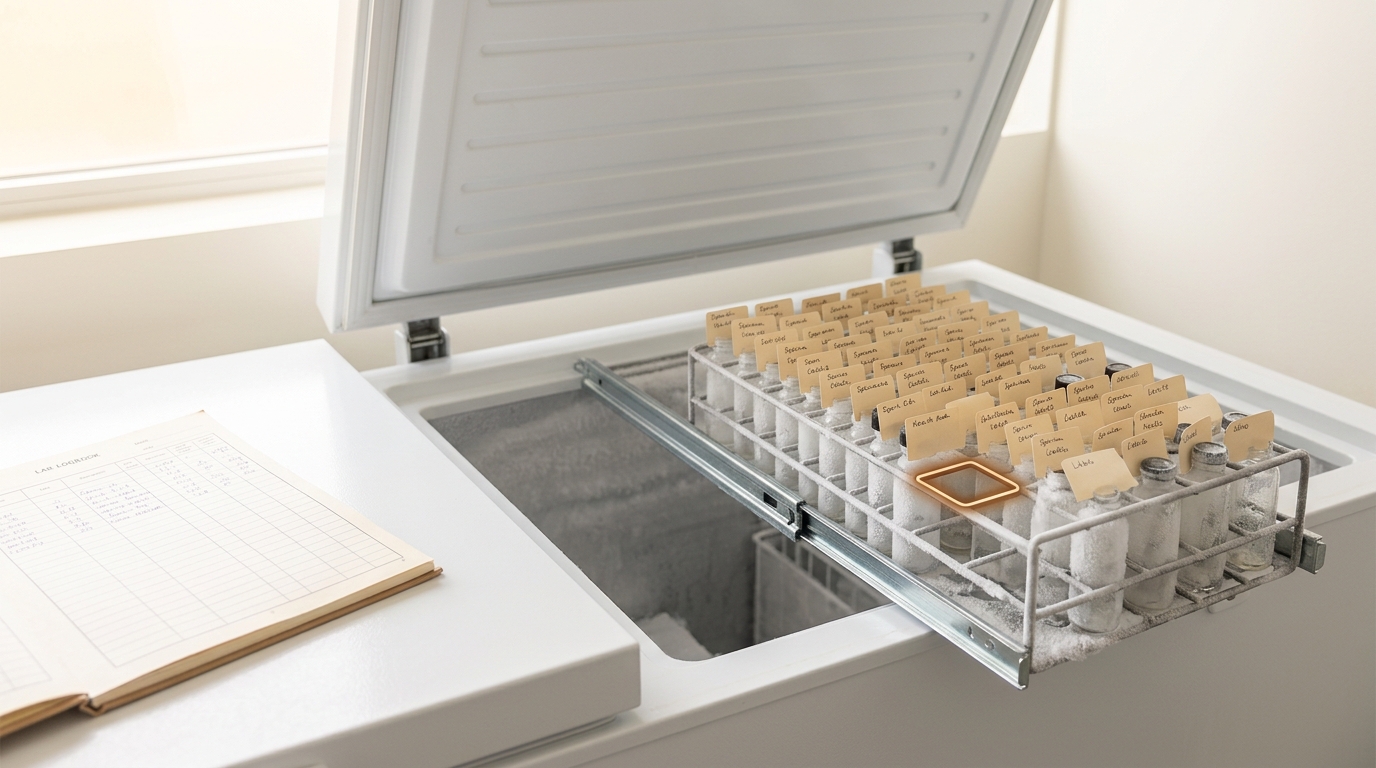 A chest sample freezer with its lid propped open and one internal sample rack pulled half out, frosted vials labelled by species and cohort standing in staggered rows, one slot in the rack still empty