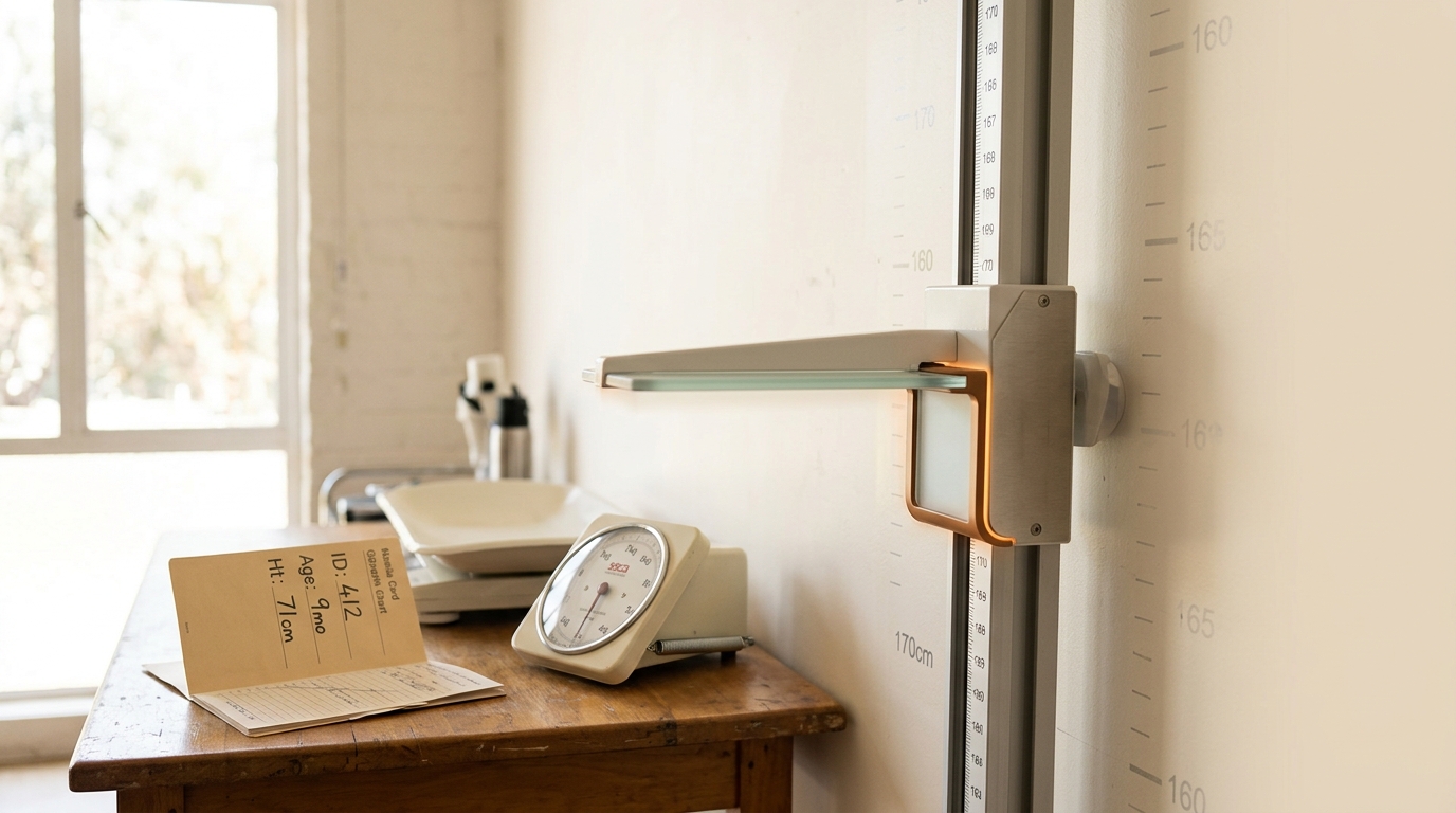 A sliding-headpiece stadiometer against a marked measurement wall in a bright anthropometry station, the headpiece caught partway down its rail with the height scale's numbers partly obscured by its bracket
