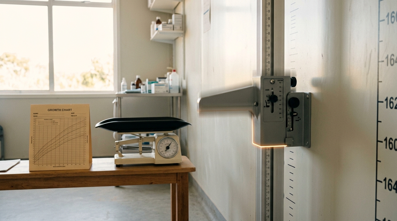 A doubly-labelled-water dosing bench in a bright field laboratory, a capped dose bottle standing in its rack beside a pipette stand and a digital balance mid-reading, a chest sample freezer with a pulled-open lid standing behind it in soft focus