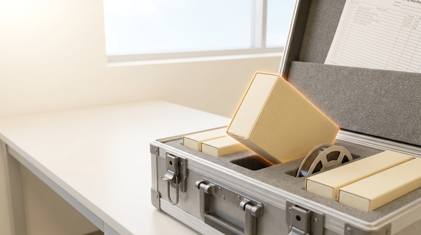 A rugged foam-lined field transport case standing open on a bright bench, archival ledger boxes and a reel of microfilm nested in its cut foam, one ledger box lifted halfway out and not yet seated in its slot