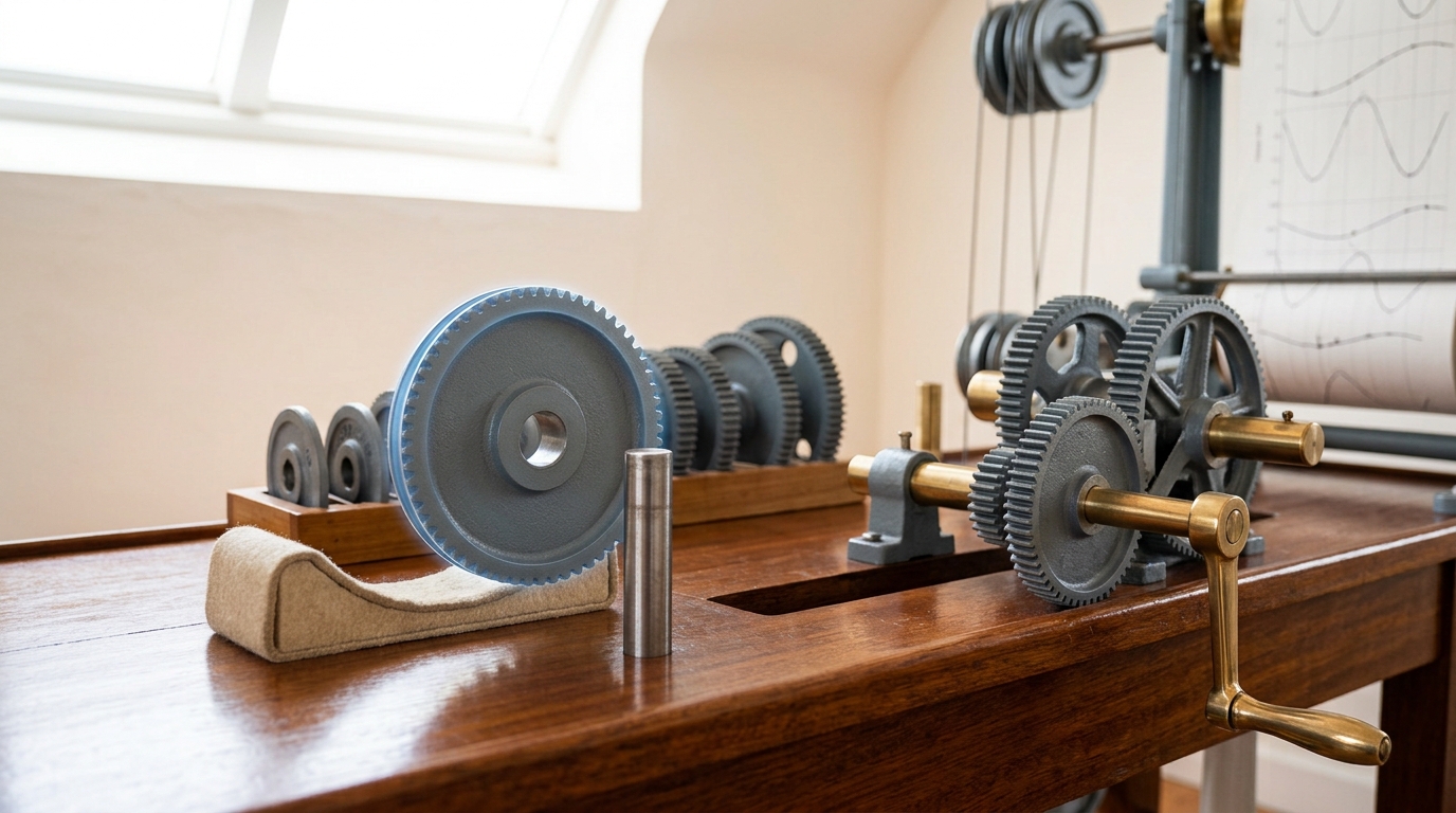 The crank end of a brass machine with an open gear train part-way into mesh, one loose change gear tilted on a padded cradle beside an empty shaft stub, and a rack of spare gears behind