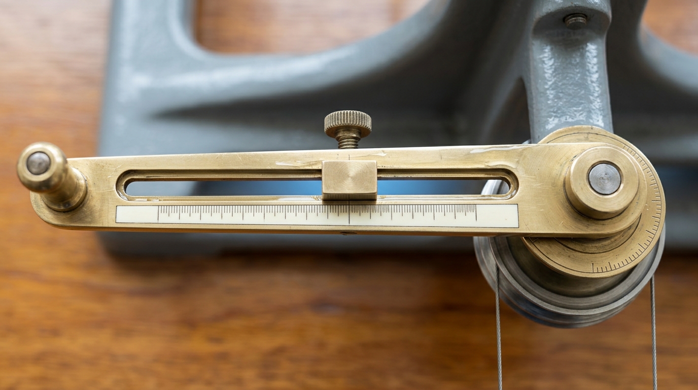 Seen from directly above, a polished brass crank arm on a tide machine carrying a finely graduated radial slot, with a small square pin block caught part-way along it between two divisions and the clamp screw standing slack