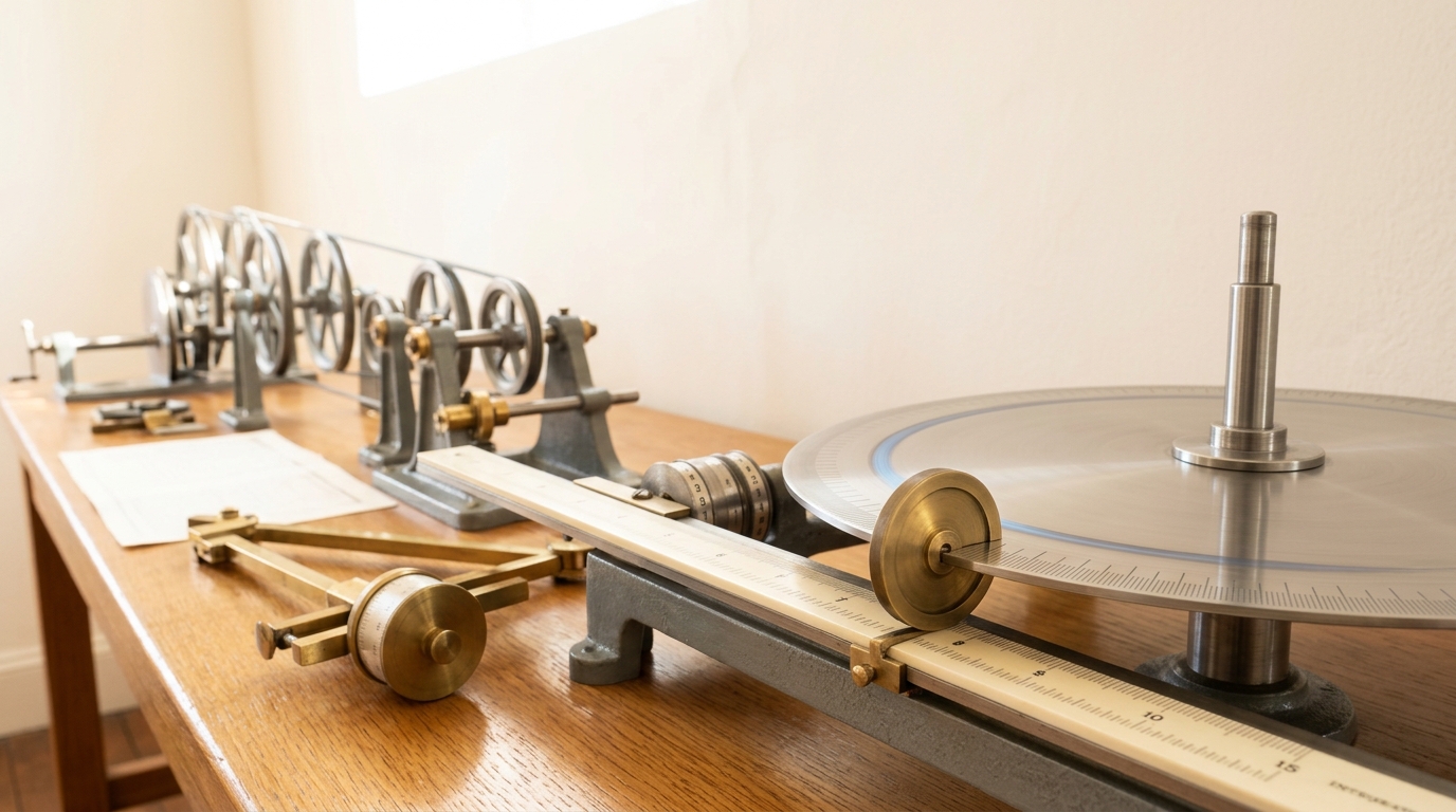 A flat polished steel disc turning on a spindle with a small brass friction wheel riding on its face, the wheel caught part-way through a shift outward along a graduated carriage rule and just leaving the burnished track it had worn