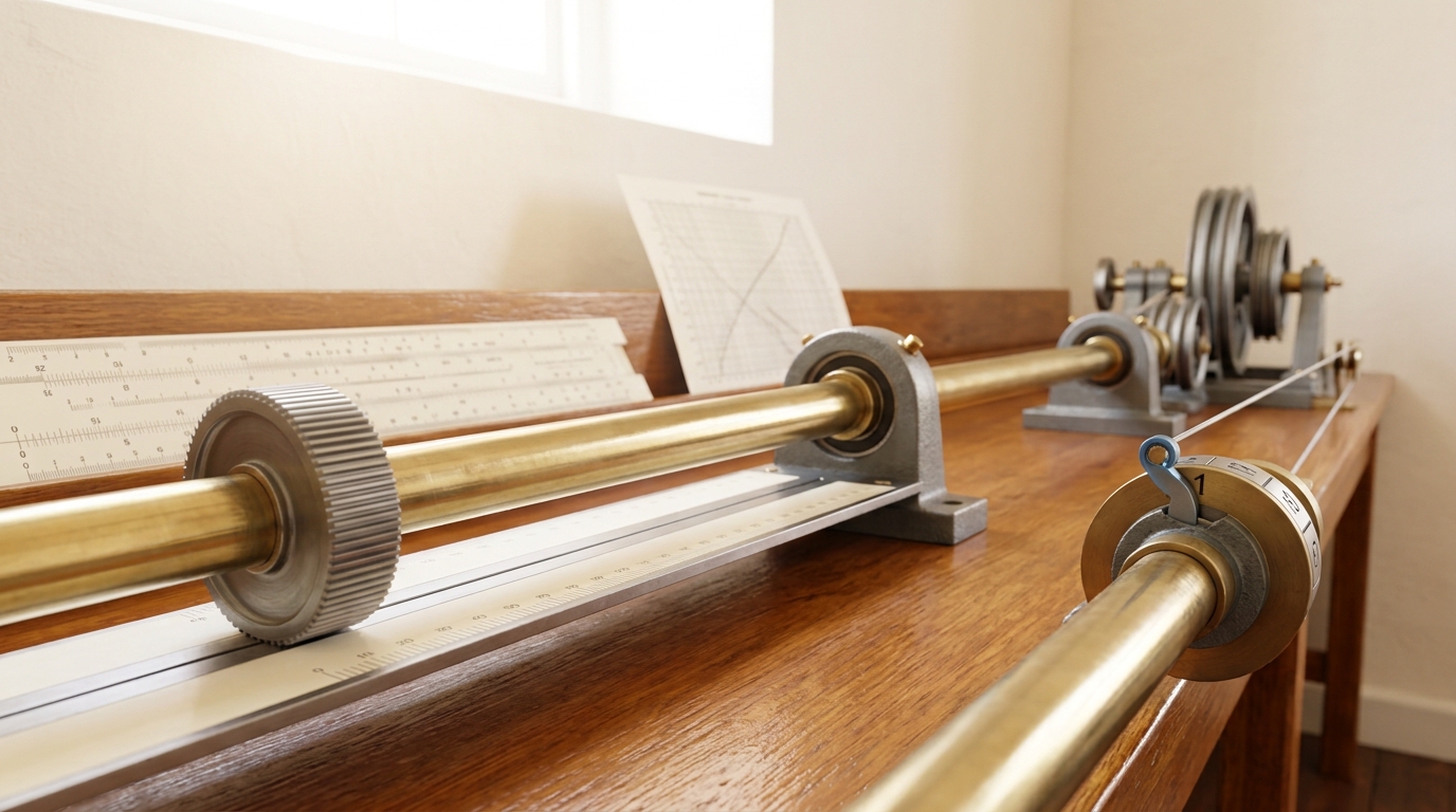 One brass shaft carrying a smooth friction roller sliding across a graduated flat plate at its near end and a numbered counter wheel at its far end, its figure drum caught mid-flip with the spring pawl still dropping