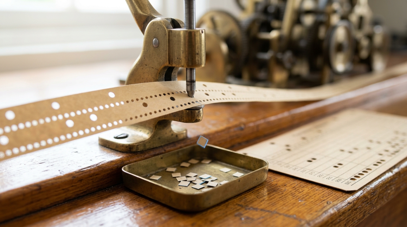A small brass hand punch at the edge of a varnished bench with a paper tape beneath it carrying a run of punched holes, one hole just made and the chad still falling clear, a punched card lying alongside