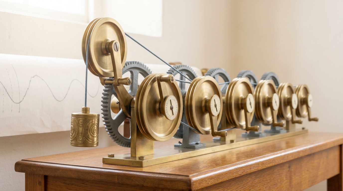 A close view along a row of grooved brass pulleys of decreasing diameter, each crank yoke carrying a divided phase dial, with a single steel wire threaded over them and a counterweight caught mid-rise beneath