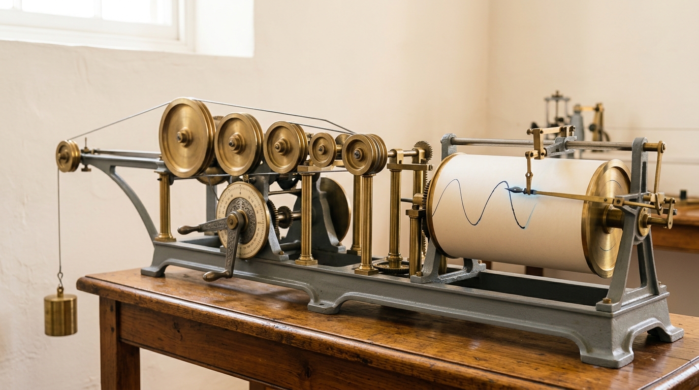 A brass tide-predicting machine on a varnished bench, a steel wire running over a row of graded pulleys to a hanging counterweight, its pen arm caught mid-stroke laying a tide curve onto the turning paper drum