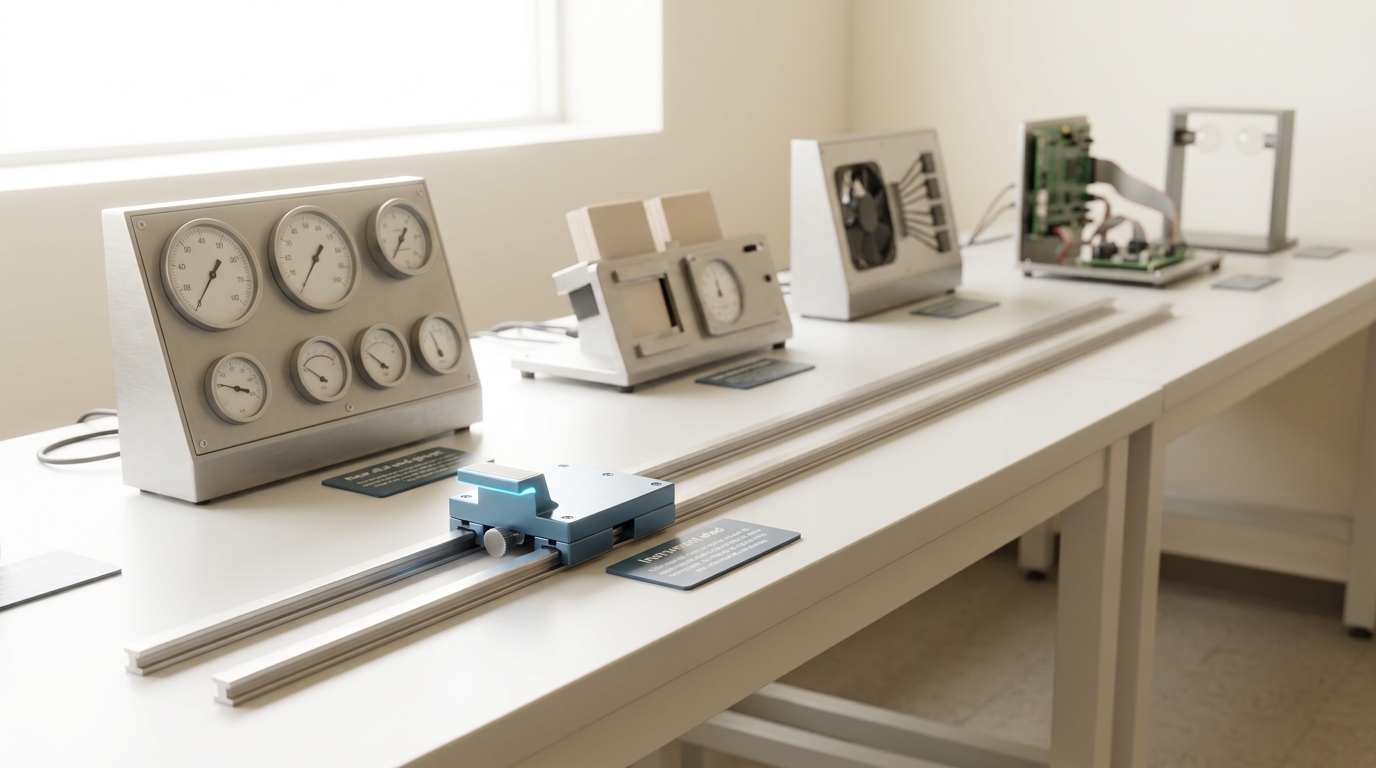 A long bright comparison-lab bench with six distinct alignment-technique demonstration stations receding into soft focus, a small instrument sled paused mid-transit on a rail set into the bench top between the first two stations