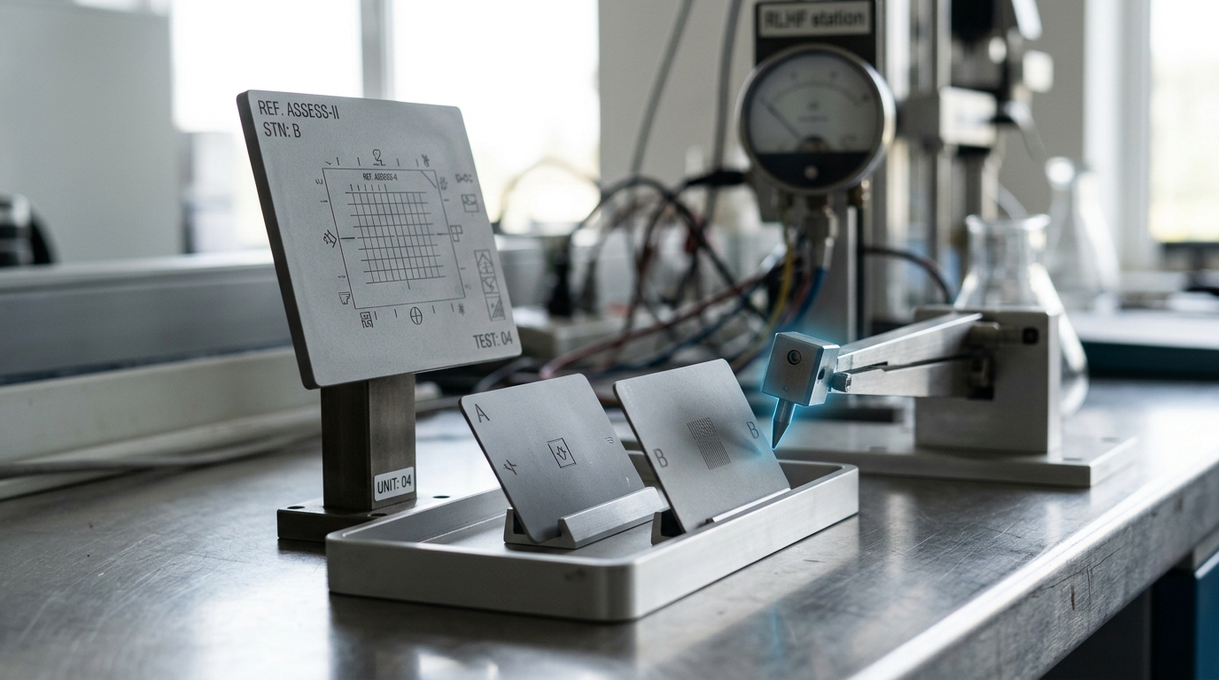 A fixed reference plate mounted on the second bench station with a small automated judging head reading across it while comparing two response cards, the head's selector arm still mid-travel toward one card