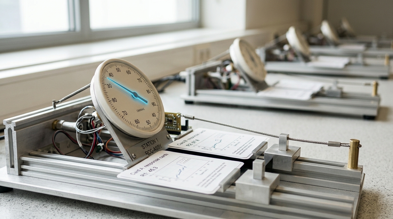 A reward-scoring gauge on the nearest comparison-lab bench with its needle mid-swing between two response cards, a slack tether cable visibly limiting how far a reference slider beside it can travel