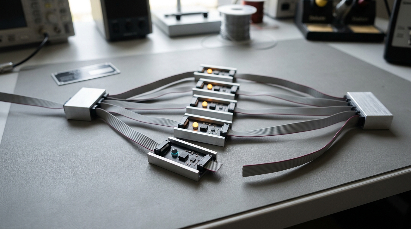 A signal fan-out and recombination unit on the fourth station, one input line branching into several identical processing lanes that converge into a single combiner block, one lane's indicator still dark as the others read steady