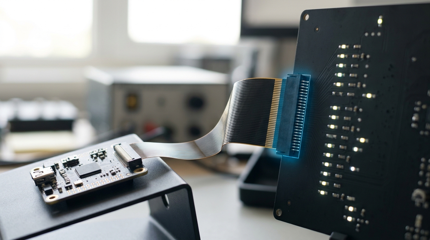 A small compact circuit board on the fifth station wired by a thin ribbon cable to a much larger board beside it, the larger board's own indicator array lit well beyond what the thin cable alone could carry