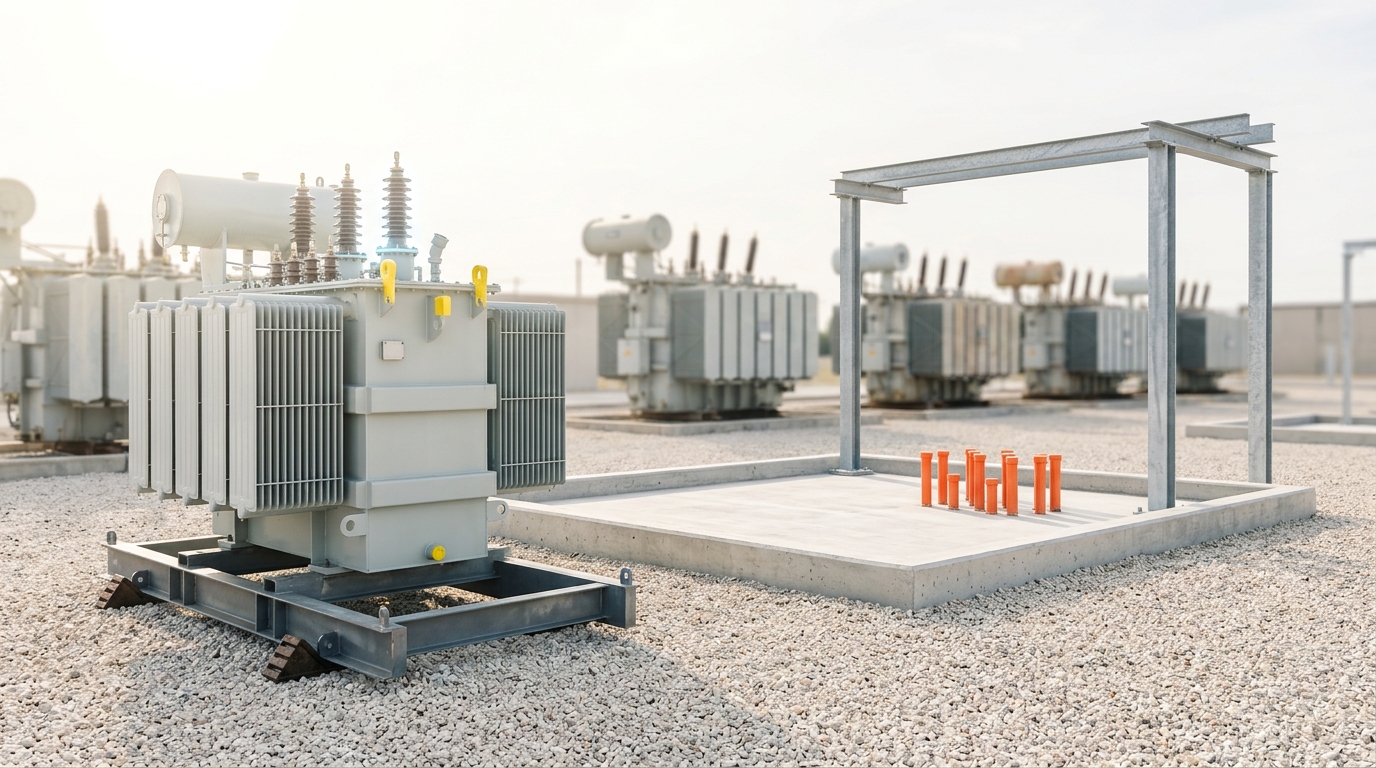 A substation yard with a new power transformer still on its steel transport skid beside an already-poured, larger, empty foundation bay