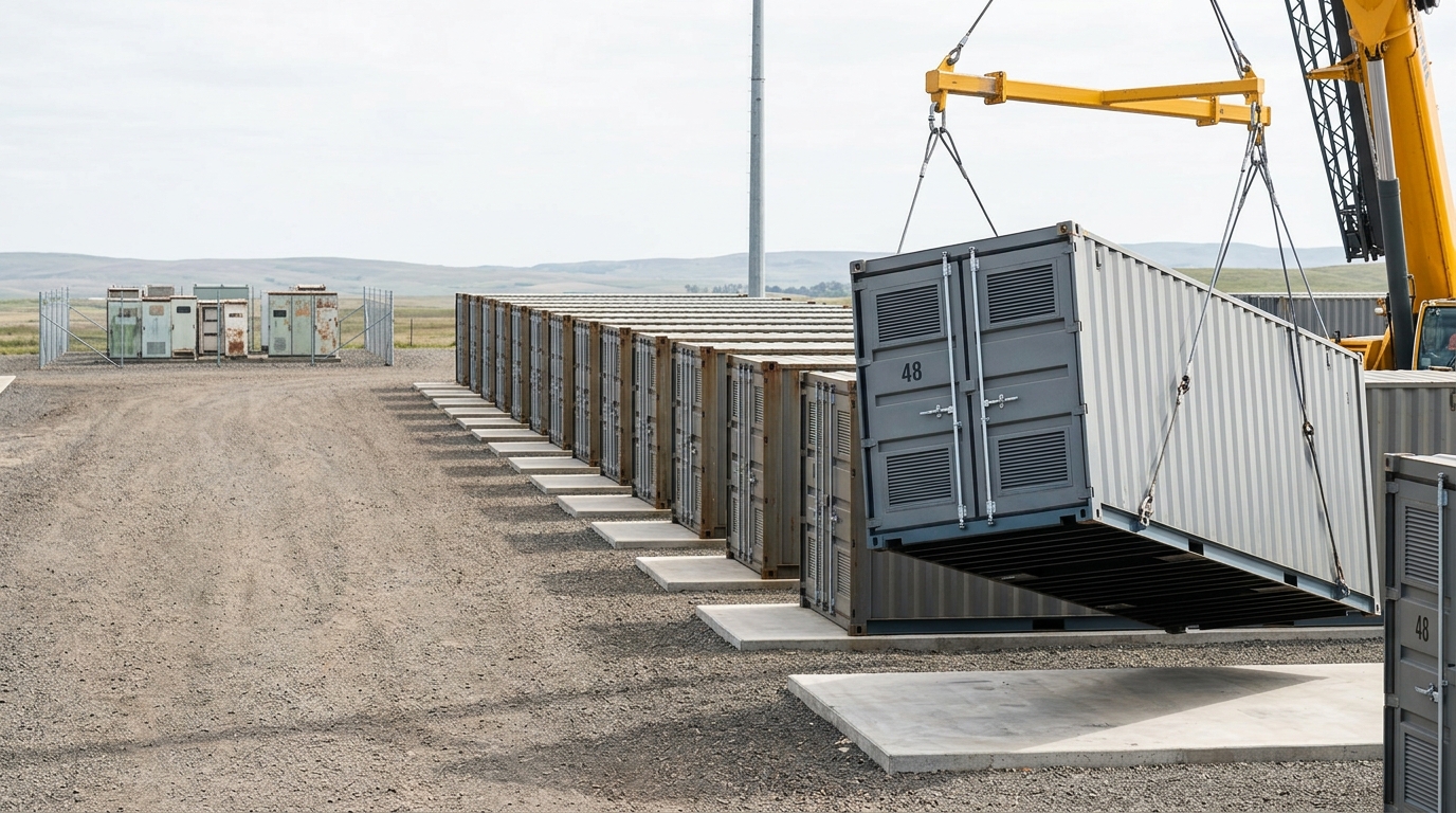 A grid-scale battery storage container caught swinging on a crane hook just above its concrete foundation pad, with a long row of identical containers already seated beside it