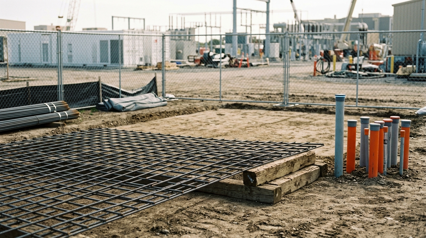 A cleared, fenced, rebar-matted foundation pad at the edge of the energy campus, conduit stubs capped and waiting, nothing built on it