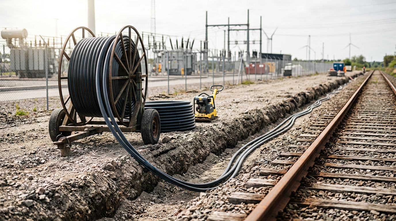 A new cable-laying trench cutting diagonally across a disused rail spur's ballast bed, HVDC conduit sections half-unspooled into it